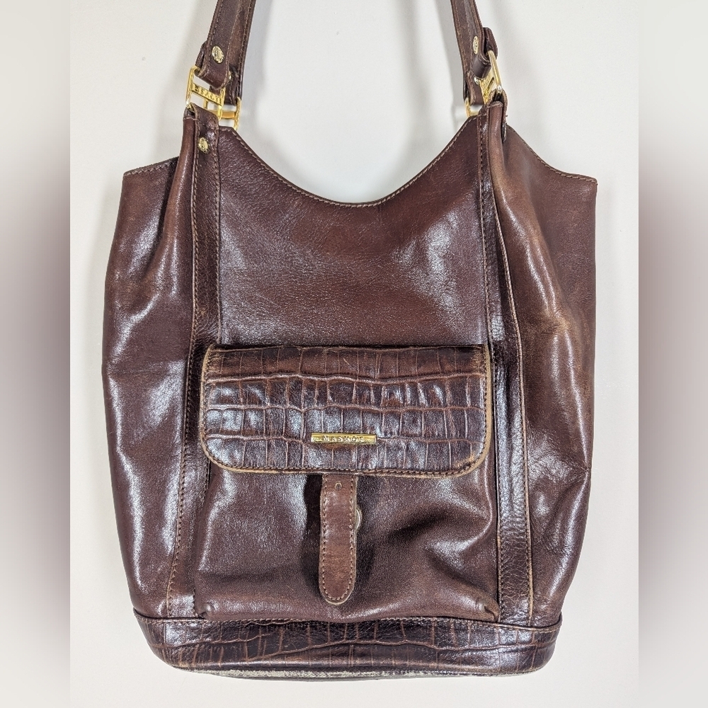 Brown Leather Shoulder Bag | Croc Embossed Pocket